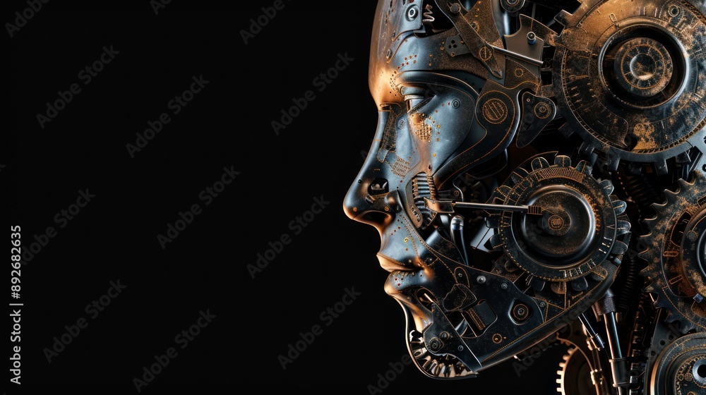 Humanoid robot head with dark background Humanoid robot head with dark background