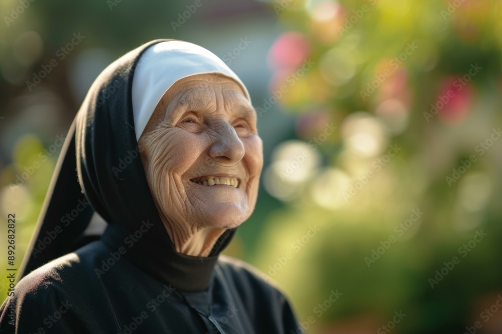 Portrait of an elderly nun with a joyful smile in a peaceful garden setting Portrait of an elderly nun with a joyful smile in a peaceful garden setting