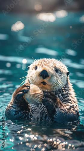 Sea otter in the water against the background of rocks and nature