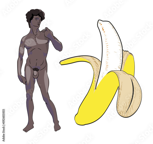 262784T-shirt design of a naked black man next to a giant banana on a white background. Different version of Michelangelo's David
