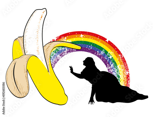 Εκτύπωση καμβά T-shirt design of the silhouette of a woman kneeling in front of a babanan with a rainbow