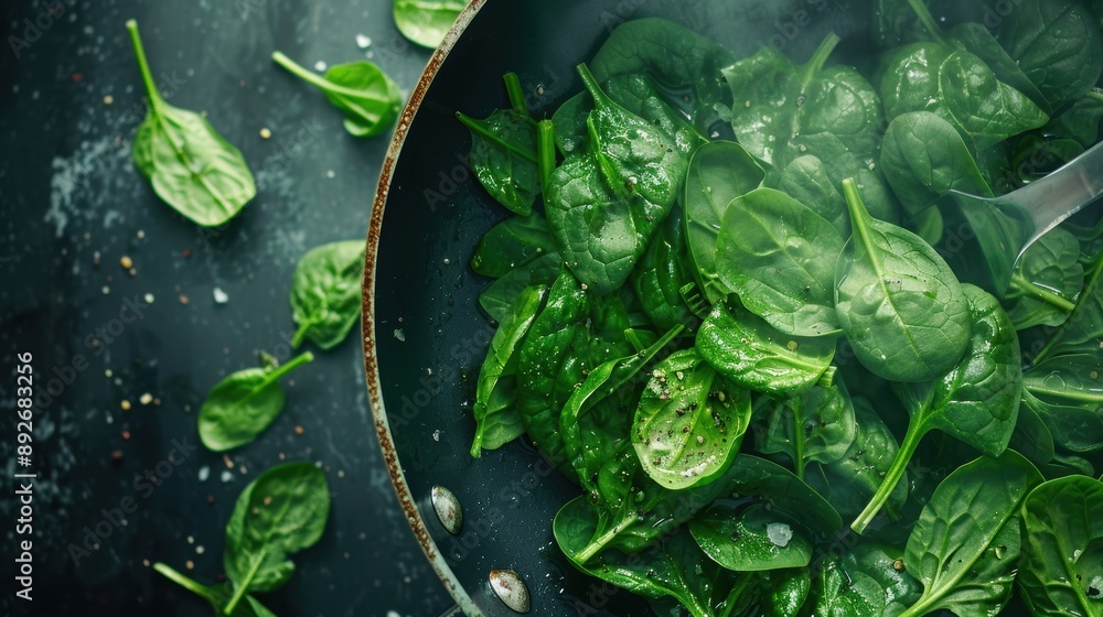 Stir-Frying Spinach: Fresh spinach leaves being stir-fried with garlic in a pan Stir-Frying Spinach: Fresh spinach leaves being stir-fried with garlic in a pan