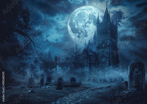 Full moon shining on a spooky castle and cemetery, creating an eerie Halloween night backdrop