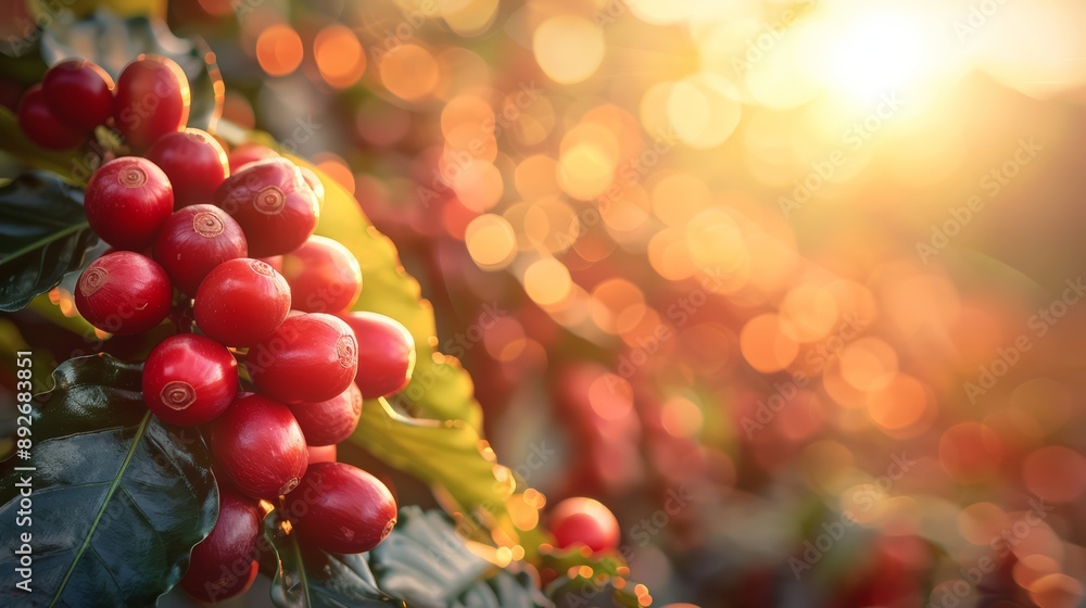 Coffee beans on tree on sunrise background. Coffee beans on tree on sunrise background.