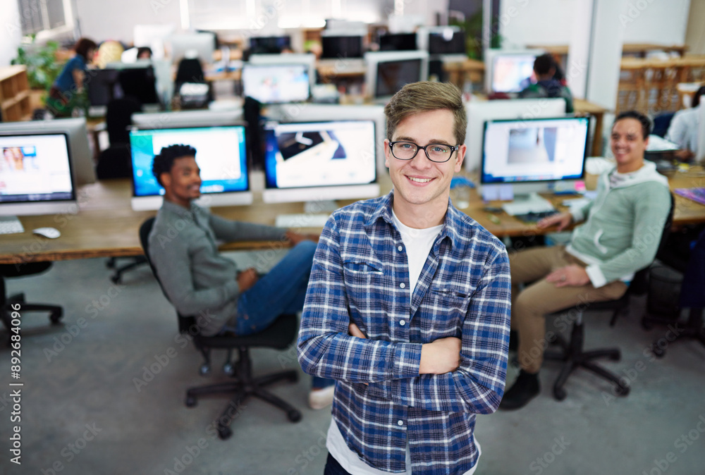 Portrait, business people and man with arms crossed, teamwork and graphic designers in office. Face, group and employees with computer, cooperation and illustration with collaboration and technology Portrait, business people and man with arms crossed, teamwork and graphic designers in office. Face, group and employees with computer, cooperation and illustration with collaboration and technology