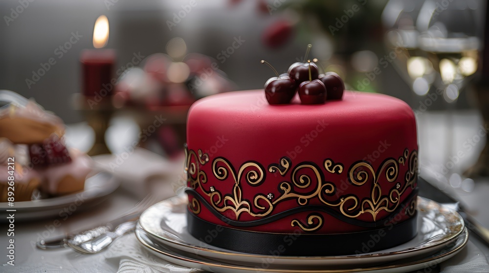 sleek, ruby red cake with minimalist black and gold scrollwork, set against a backdrop of a decadent, romantic Valentine's dinner sleek, ruby red cake with minimalist black and gold scrollwork, set against a backdrop of a decadent, romantic Valentine's dinner