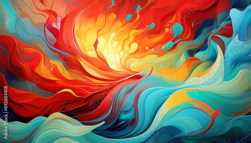 an abstract piece of art that features an explosion of vibrant colors. Use strong, bright colors