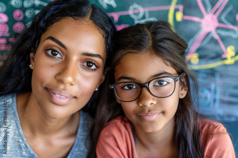 A young girl and her mother share a close moment in a classroom setting, eyes locked in mutual understanding and affection A young girl and her mother share a close moment in a classroom setting, eyes locked in mutual understanding and affection