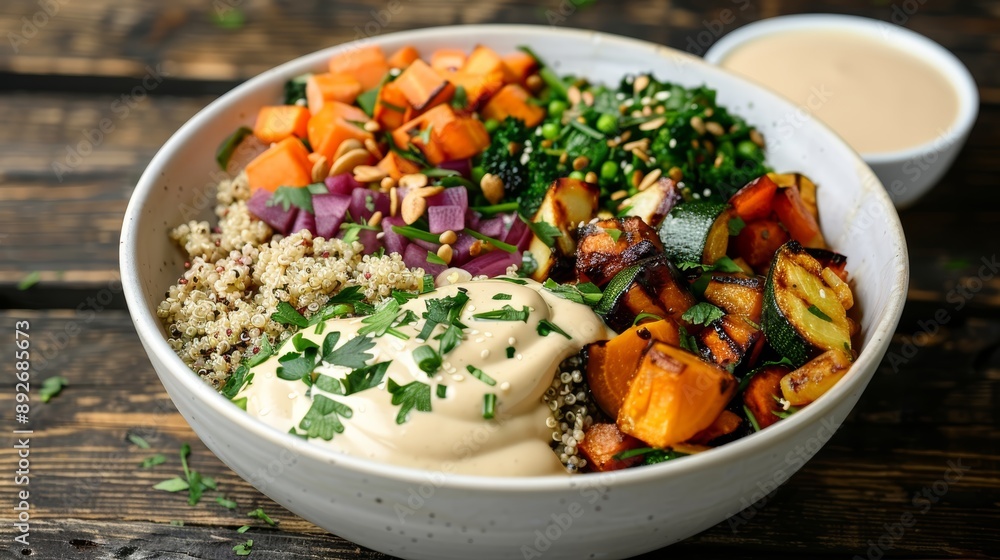 A detailed shot of a colorful Buddha bowl with quinoa A detailed shot of a colorful Buddha bowl with quinoa
