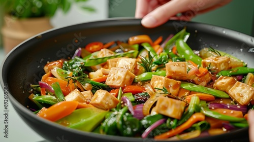 A detailed shot of a fresh vegetable stir-fry with tofu and a variety of colorful vegetables