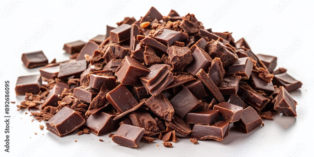 Scattered heap of finely chopped and milled dark brown chocolate pieces isolated on a clean white background, perfectly suited for food and dessert designs. Scattered heap of finely chopped and milled dark brown chocolate pieces isolated on a clean white background, perfectly suited for food and dessert designs.