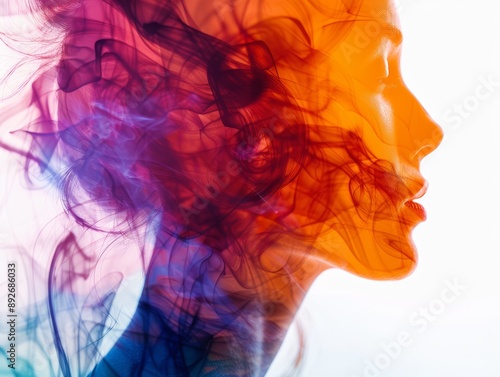 Double exposure portrait of a woman with colorful light.