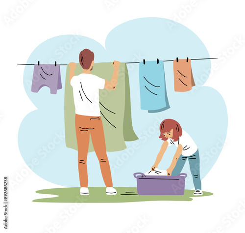 Father and daughter hanging out laundry. A friendly family does household chores. Washing clothes and keeping the house clean. People lifestyle. Parents and children. Flat vector illustration