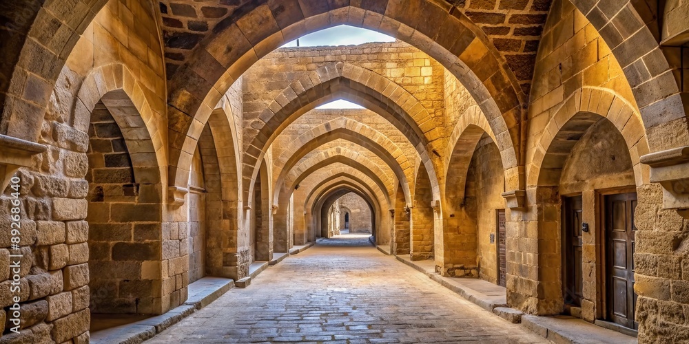 Obraz premium Ancient Mamluk-era arched stone tunnel leads to Al-Muayyad Bimaristan, a historic hospital in Cairo's Darb El Labbana district, evoking historic charm in a serene 4K depiction.