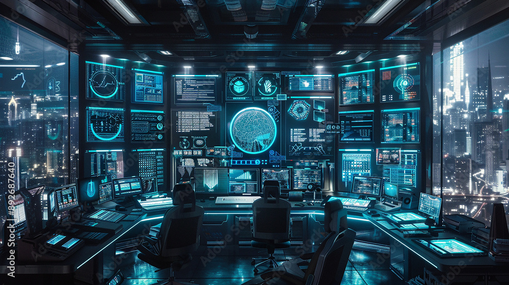 A high-tech control room filled with screens and digital interfaces, overlooking a city at night, creating a futuristic and high-security environment. A high-tech control room filled with screens and digital interfaces, overlooking a city at night, creating a futuristic and high-security environment.