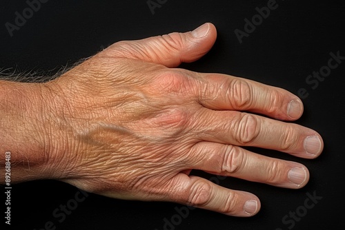 A close-up image of a hand with prominent wrinkles, captured against a black backdrop. The hand's texture reveals a lifetime of experiences © Konstiantyn Zapylaie