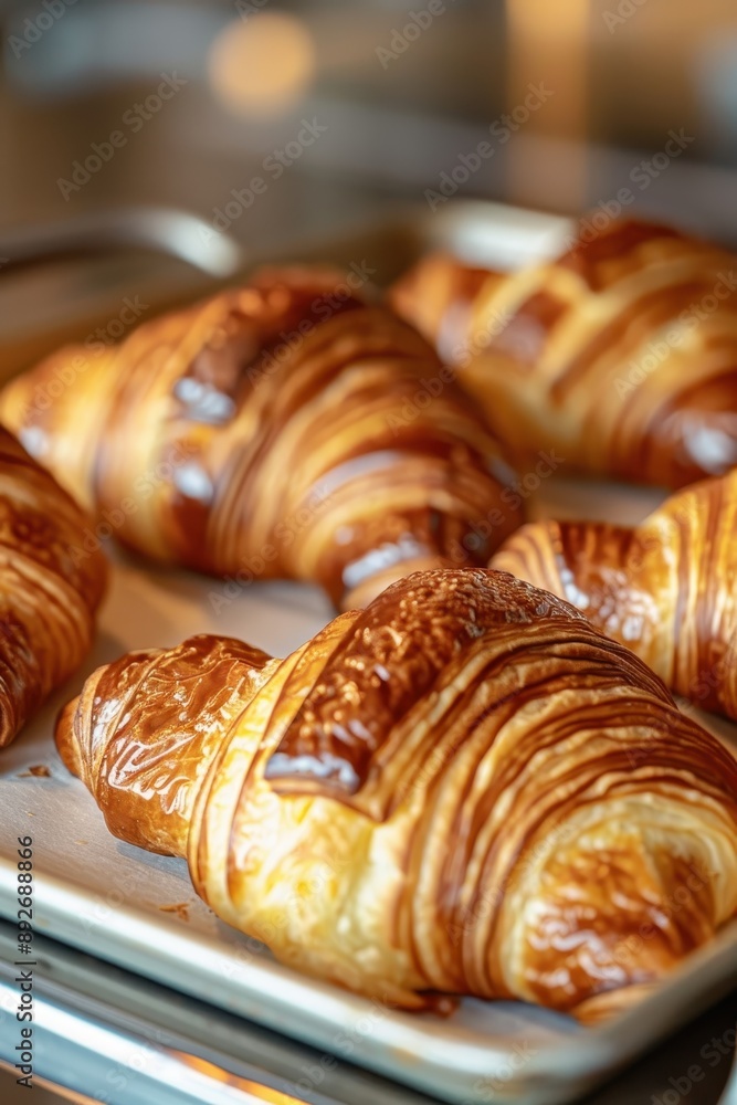 A tray of croissants is in a black oven. The croissants are golden brown and have sugar sprinkled on top A tray of croissants is in a black oven. The croissants are golden brown and have sugar sprinkled on top