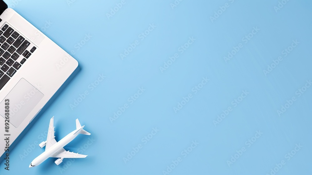 A Laptop And A Toy Airplane On A Blue Background