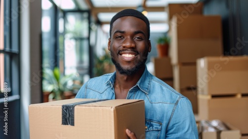 Happy people carying his parcel box wallpaper background © Irina