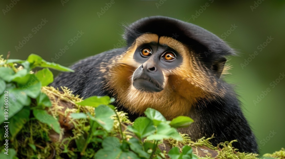 Fototapeta premium Two Golden-headed Langur monkeys sit closely together on a branch in a lush, green rainforest