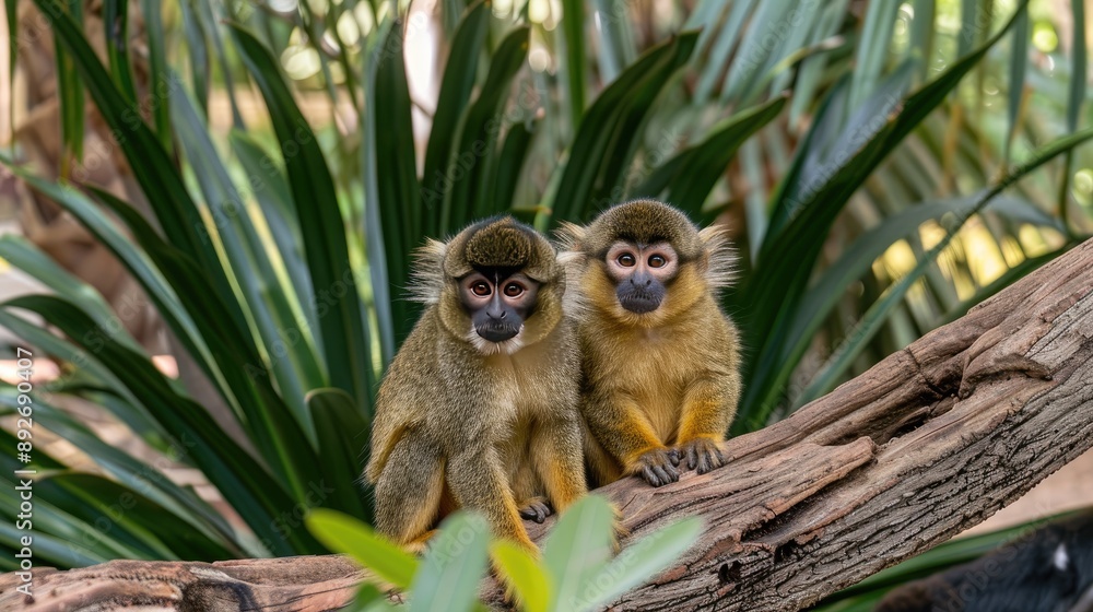 Obraz premium Two Golden-headed Langur monkeys sit closely together on a branch in a lush, green rainforest