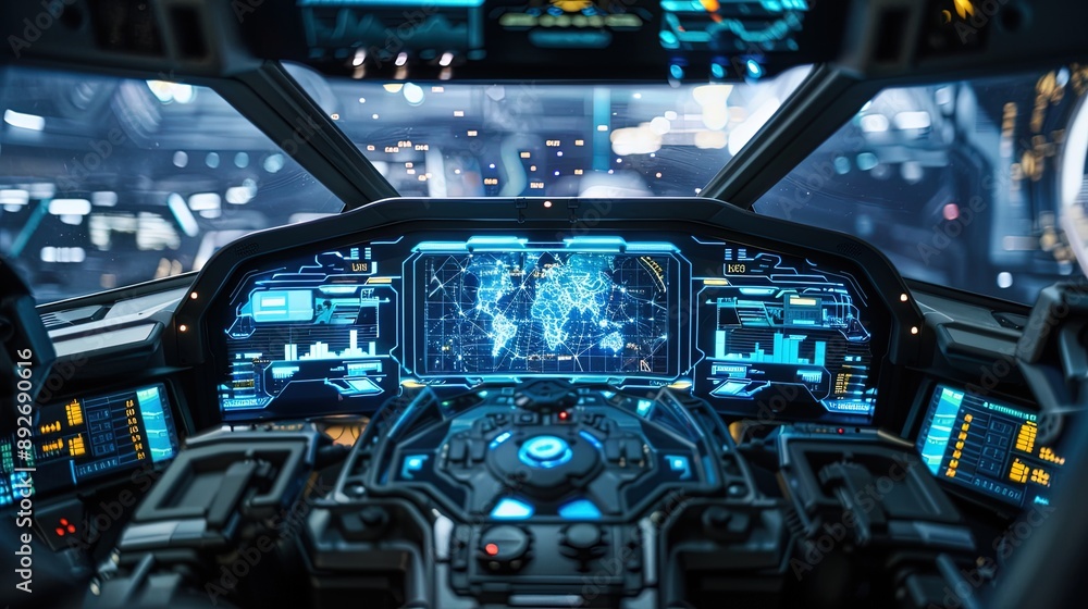 Spaceship cockpit interior showing world map on control panel with city lights in background Spaceship cockpit interior showing world map on control panel with city lights in background