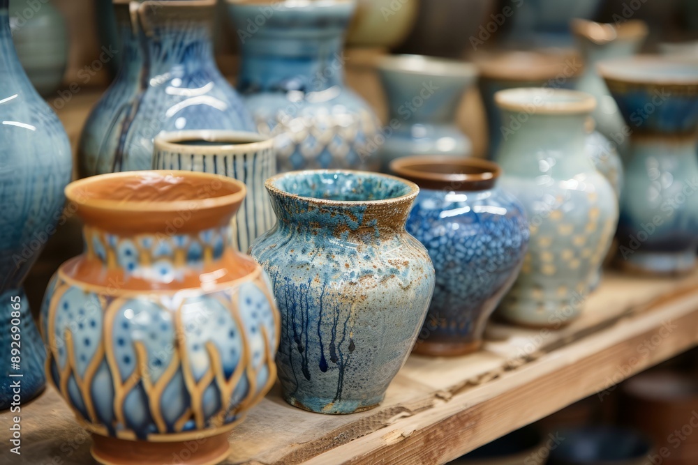 Collection of unique ceramic pots with various glaze patterns displayed on a wooden shelf Collection of unique ceramic pots with various glaze patterns displayed on a wooden shelf