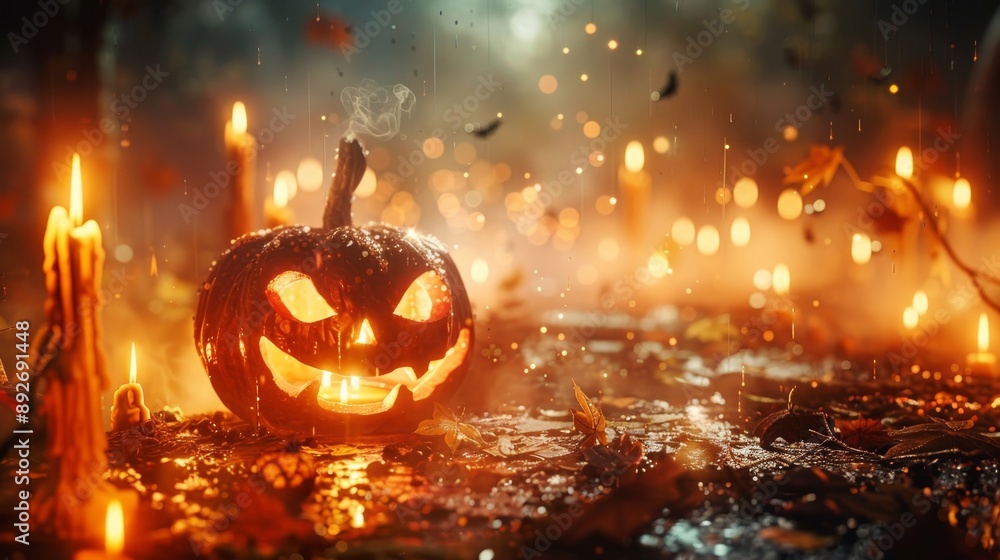 Naklejka premium Pumpkins and candles shiny scary creepy halloween composition wallpaper background