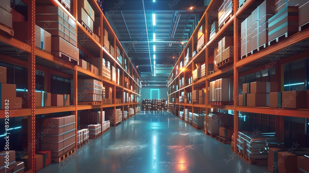 Smart warehouse. Automatic stock storage, modern distribution building, ecommerce warehouse, digital logistics, smart package hardware, AI delivery system, innovation in cargo, commercial storehouse Smart warehouse. Automatic stock storage, modern distribution building, ecommerce warehouse, digital logistics, smart package hardware, AI delivery system, innovation in cargo, commercial storehouse