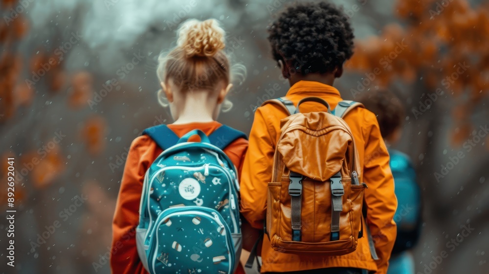 Three girls are walking down the street with their backpacks. The sun is shining brightly, and the girls are smiling Three girls are walking down the street with their backpacks. The sun is shining brightly, and the girls are smiling