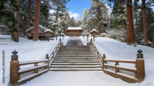 Wallpaper Mural A set of wooden steps leading up a hillside in a Japanese forest. The steps are lined with traditional lanterns with thatched roofs, and the area is covered in fallen leaves Torontodigital.ca
