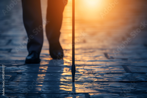 A person with multiple sclerosis, using a walking cane for support
