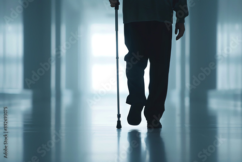 A person with multiple sclerosis, using a walking cane for support