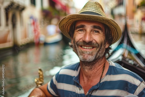 Smiling Middle-Aged Man in Straw Hat on Gondola in Venice Italy Travel Photography