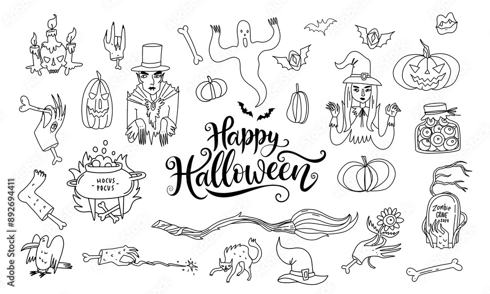 Doodle set of Halloween themed illustrations in outline hand drawn line art style. Costumed witch with vampire and ghost, cauldron and broom, bat and pumpkins, lanterns. Halloween stickers Doodle set of Halloween themed illustrations in outline hand drawn line art style. Costumed witch with vampire and ghost, cauldron and broom, bat and pumpkins, lanterns. Halloween stickers