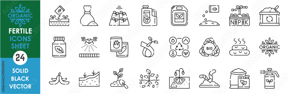 Naklejka premium A set of line icons related to fertile soil. Agriculture, fertile, fertilizer, organic, decompose, soil, spray, vegetables, worms, healthy, drone, and so on. Vector outline icons set.