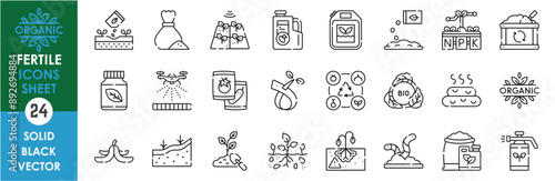 A set of line icons related to fertile soil. Agriculture, fertile, fertilizer, organic, decompose, soil, spray, vegetables, worms, healthy, drone, and so on. Vector outline icons set.