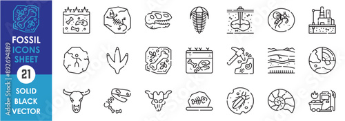 A set of line icons related to fossils. Fossil, fuel, paleontology, archaeology, rock, imprint, ammonite, trilobite, geology, history, skull, resin and so on. Vector outline icons set.