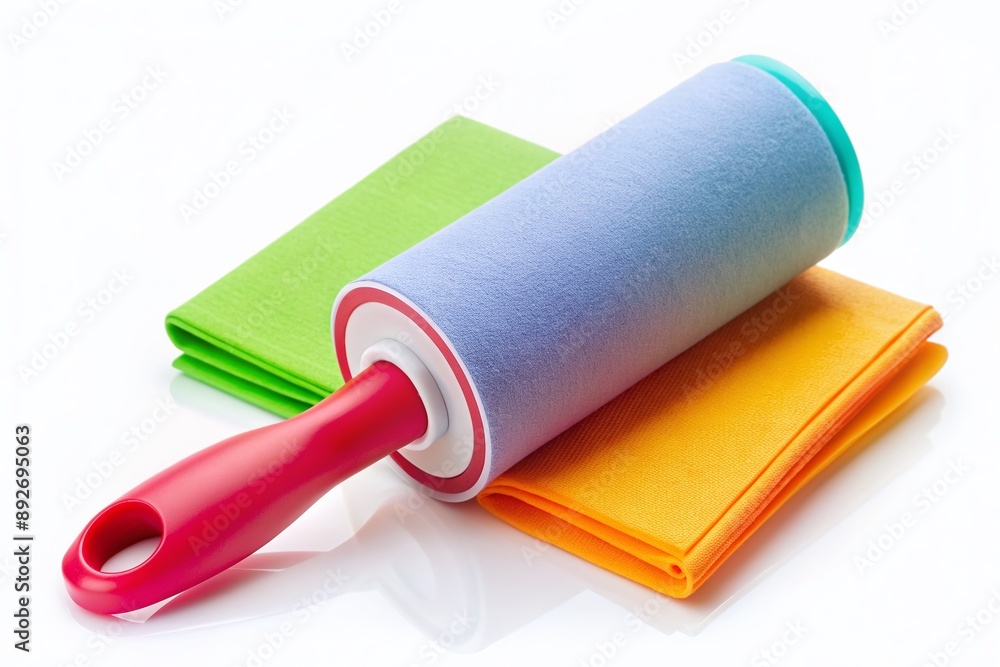 A solitary, brightly colored lint roller with adhesive sheets, placed on a clean white background, ready to remove unwanted fibers and dust. A solitary, brightly colored lint roller with adhesive sheets, placed on a clean white background, ready to remove unwanted fibers and dust.