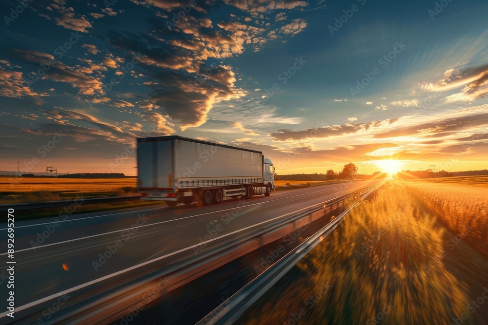 Freight transport trucks traveling on country road at sunset: illustration of lorry logistics and delivery cargo services in rural landscape Freight transport trucks traveling on country road at sunset: illustration of lorry logistics and delivery cargo services in rural landscape
