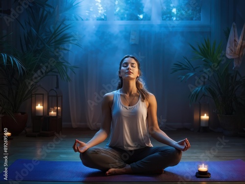 Wallpaper Mural Inner Peace: Meditating Figure in Serene Room Seeks Inner Harmony. Mindful Moment. Yoga Mat & Gentle Light Guide a Meditative Journey. generative AI Torontodigital.ca
