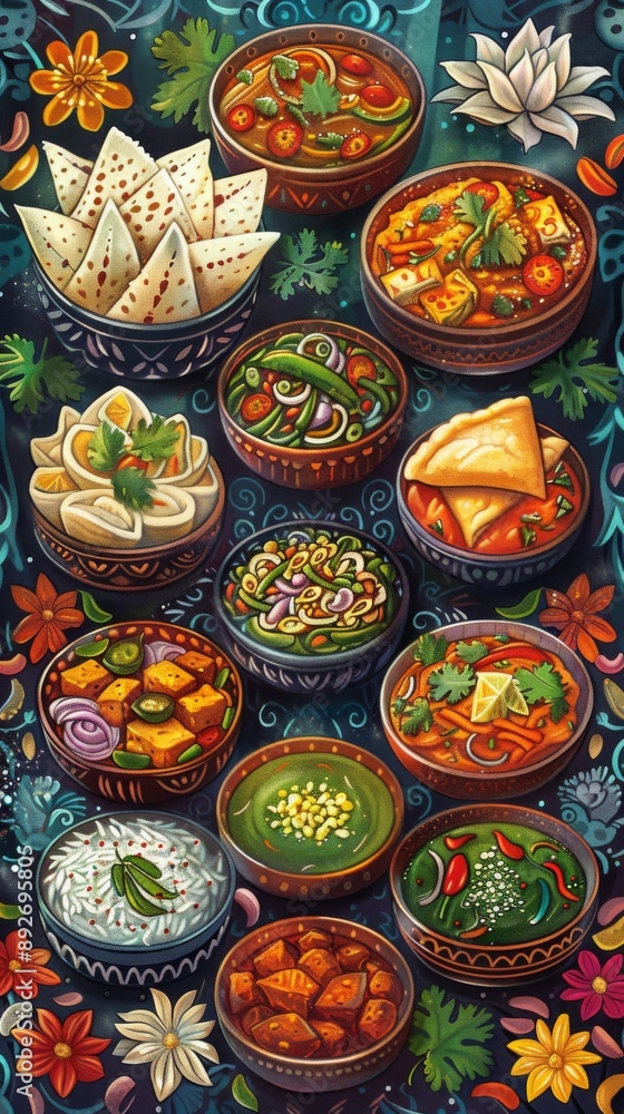 Fototapeta premium Vibrant Illustrations of Indian Dishes in Traditional Bowls