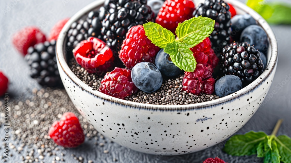A bowl of fresh mixed berries with chia seeds and a sprig of mint for a detox breakfast A bowl of fresh mixed berries with chia seeds and a sprig of mint for a detox breakfast