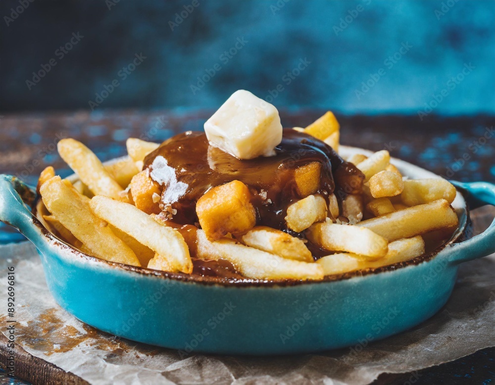 Classic French Canadian poutine with french fries, gravy, and cheese curds on a rustic tabletop. Classic French Canadian poutine with french fries, gravy, and cheese curds on a rustic tabletop.