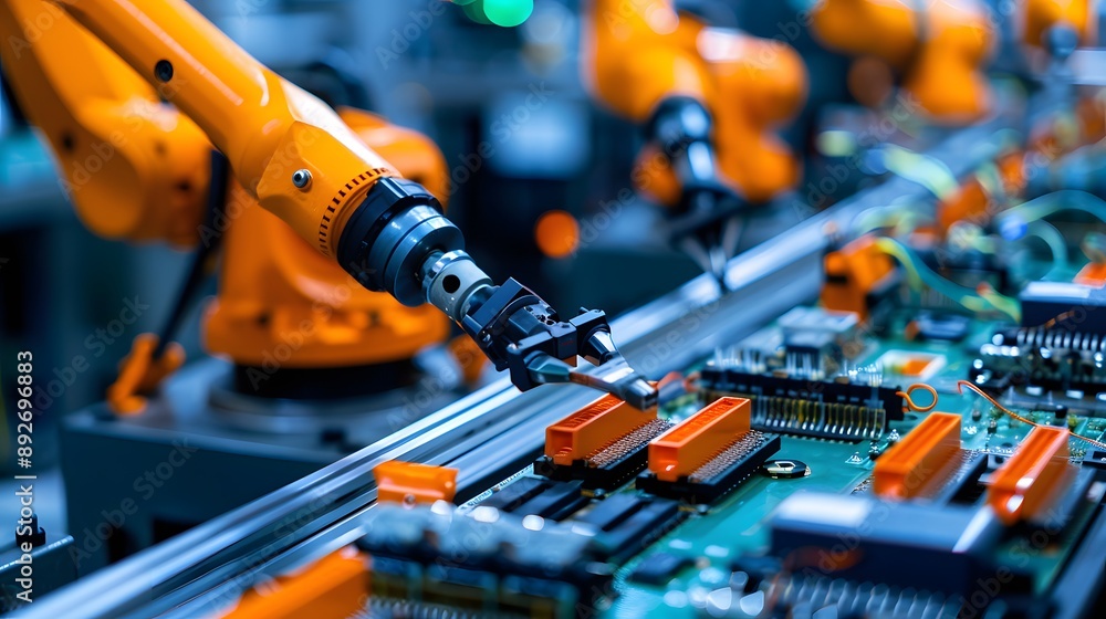Manufacturing Automation. Advanced High Precision Robot Arms on Automated PCB Assembly Line Inside Modern Electronics Factory. Electronic Devices Production Industry. Component Installation Process. Manufacturing Automation. Advanced High Precision Robot Arms on Automated PCB Assembly Line Inside Modern Electronics Factory. Electronic Devices Production Industry. Component Installation Process.