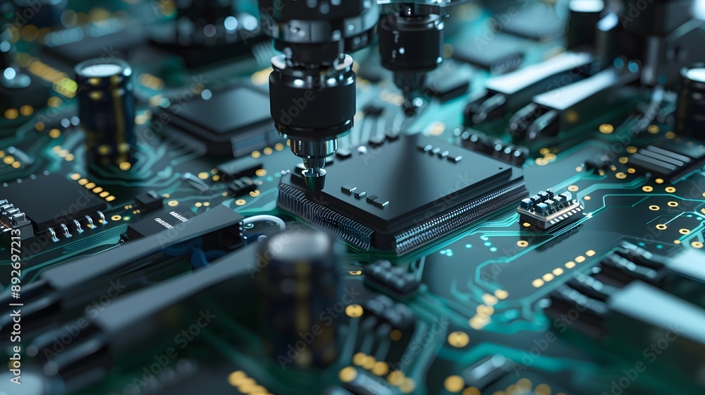 Manufacturing Automation. Advanced High Precision Robot Arms on Automated PCB Assembly Line Inside Modern Electronics Factory. Electronic Devices Production Industry. Component Installation Process.