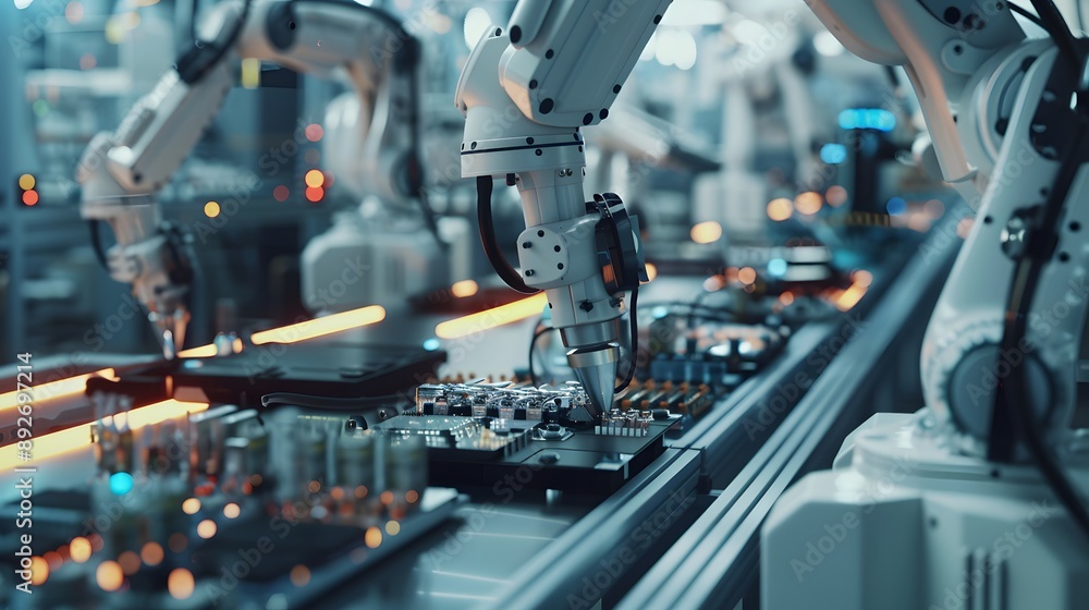 Manufacturing Automation. Advanced High Precision Robot Arms on Automated PCB Assembly Line Inside Modern Electronics Factory. Electronic Devices Production Industry. Component Installation Process. Manufacturing Automation. Advanced High Precision Robot Arms on Automated PCB Assembly Line Inside Modern Electronics Factory. Electronic Devices Production Industry. Component Installation Process.