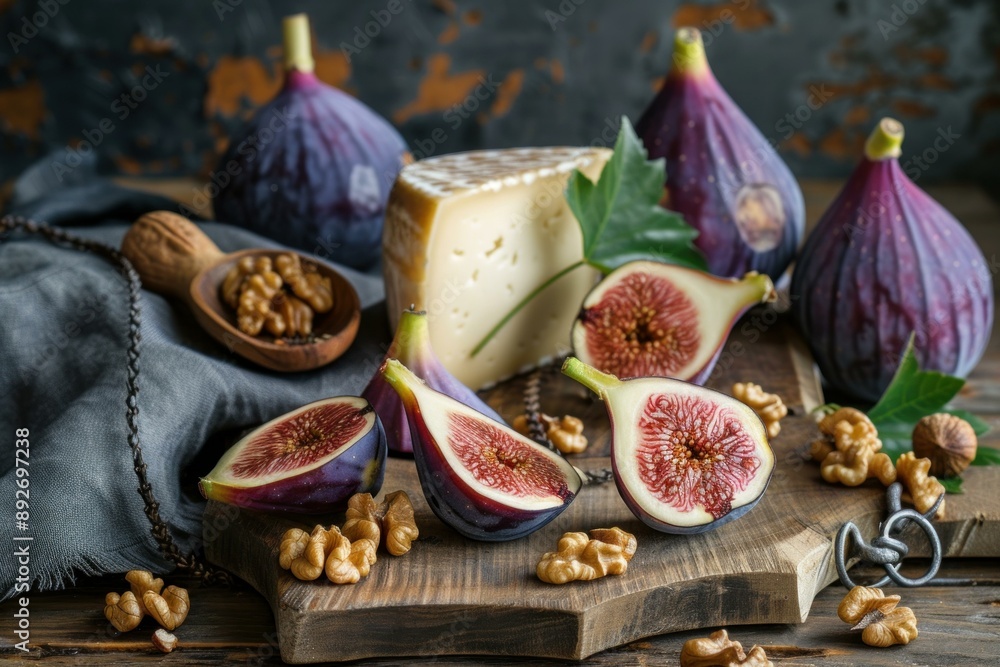 Artisan cheese paired with fresh figs, walnuts, and a fig section on a wooden board Artisan cheese paired with fresh figs, walnuts, and a fig section on a wooden board