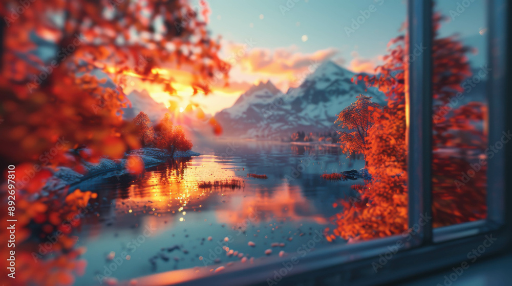 A breathtaking autumn sunset over a tranquil lake with mountains in the background, viewed through a window, capturing the vibrant colors and serene atmosphere. A breathtaking autumn sunset over a tranquil lake with mountains in the background, viewed through a window, capturing the vibrant colors and serene atmosphere.