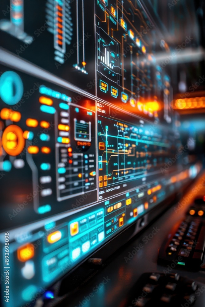 A computer monitor displays a number of screens, each with a different color and design. The screens are arranged in a row, with some of them overlapping each other. Scene is one of technology A computer monitor displays a number of screens, each with a different color and design. The screens are arranged in a row, with some of them overlapping each other. Scene is one of technology